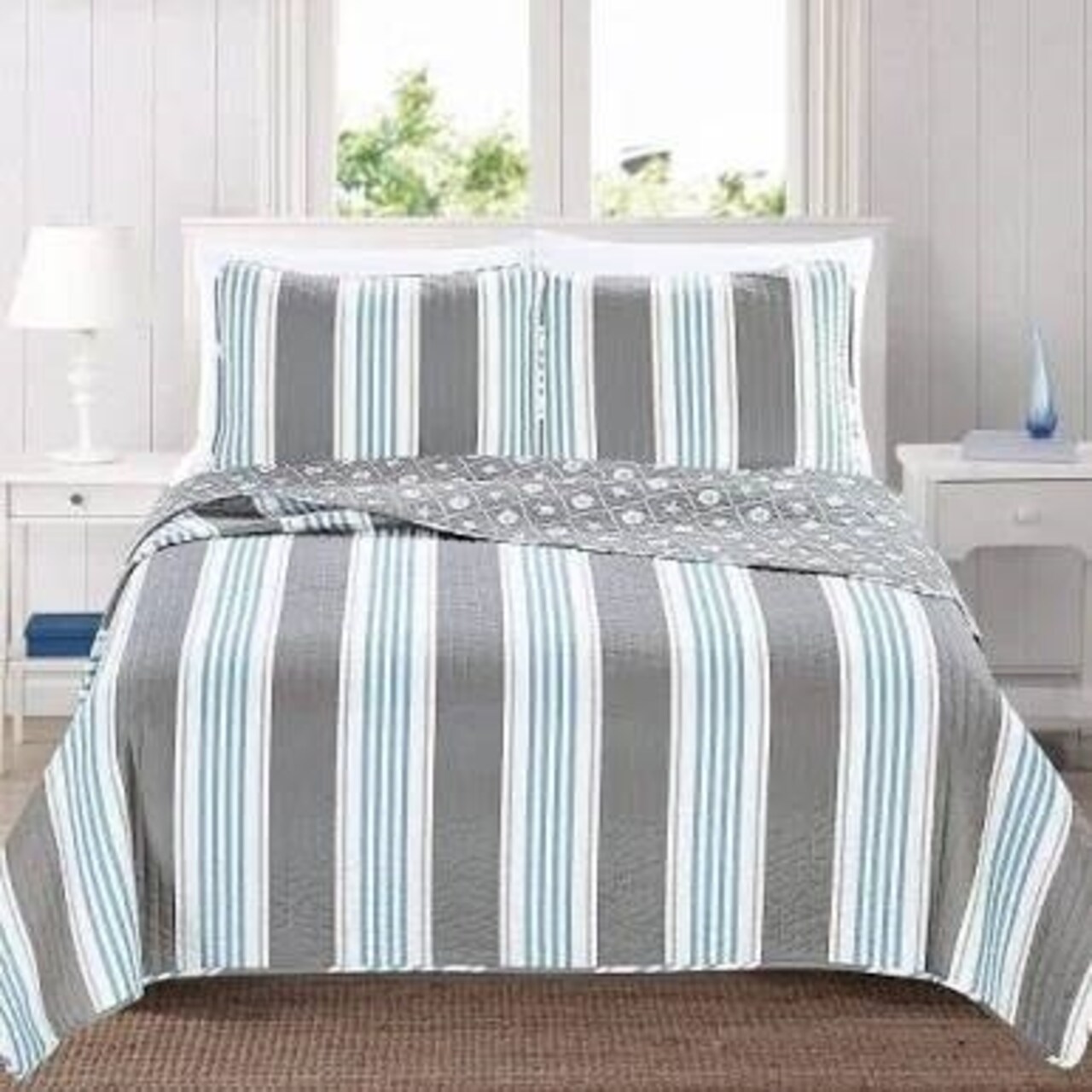 3 Piece Coastal Starfish Sand Dollar Grey Blue White Quilt Set
